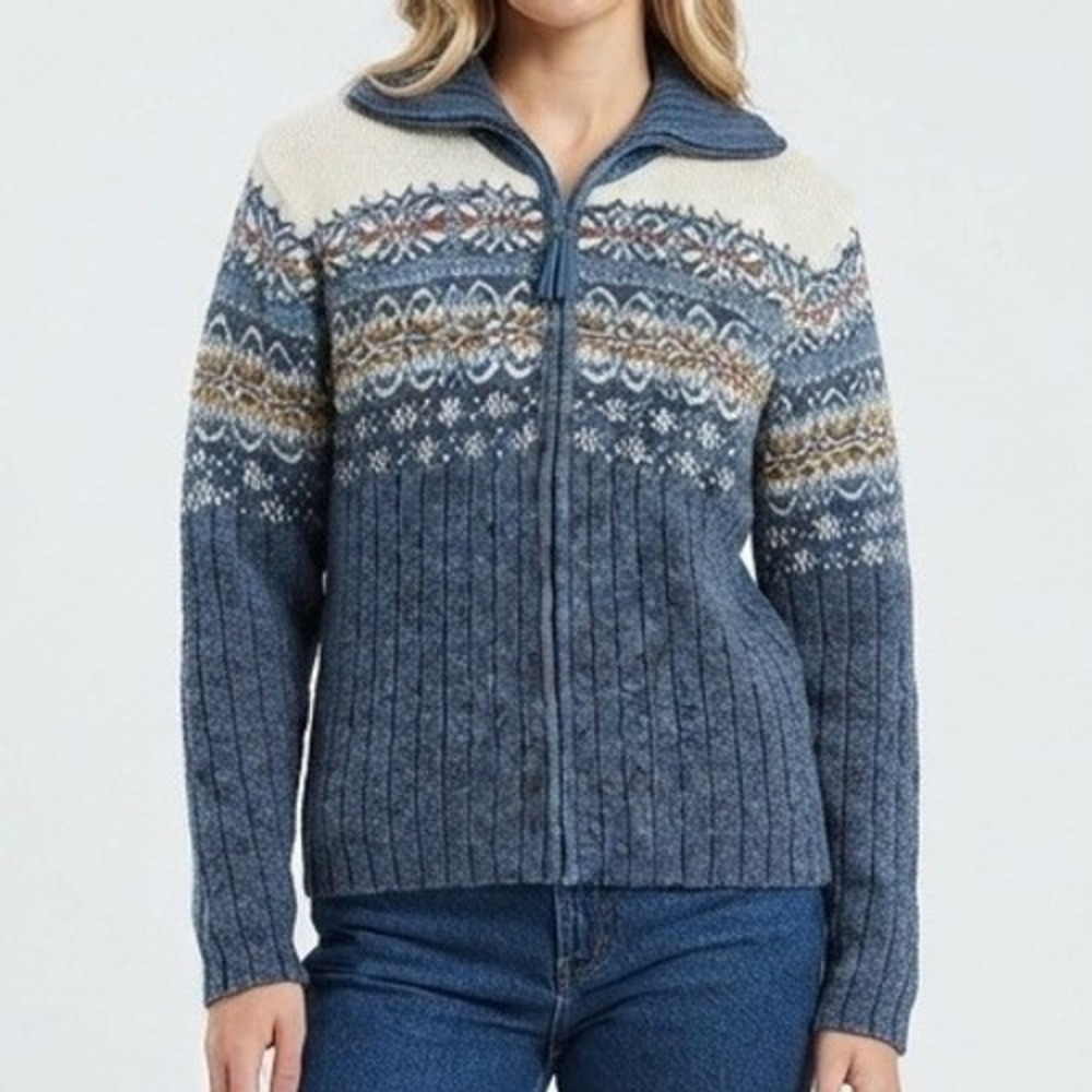 Tiara International Cardigan Women Large Blue Fair Isle Zip Front Knit Sweater